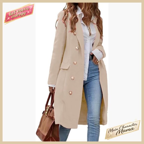 Long Wool Trench Coat Classic Double Breasted Pea Coat Knee Length Chic